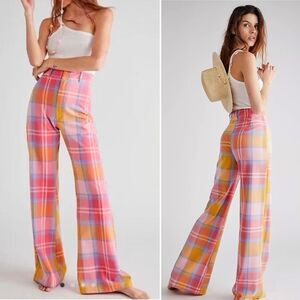 Free People Jules High Waist Plaid Flare Pants Retro Hippie Boho Size 12